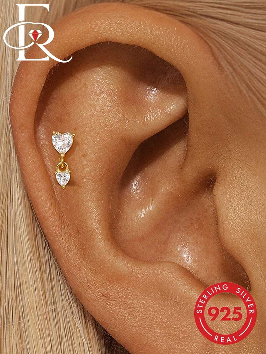 EleRunis 1pc 925 Sterling Silver Heart Shaped Double Stud Earrings, Flat Ear Cartilage Piercing Elegant Jewelry, Suitable For Daily Wear, Wedding, Party, Engagement, Anniversary, Valentine's Day