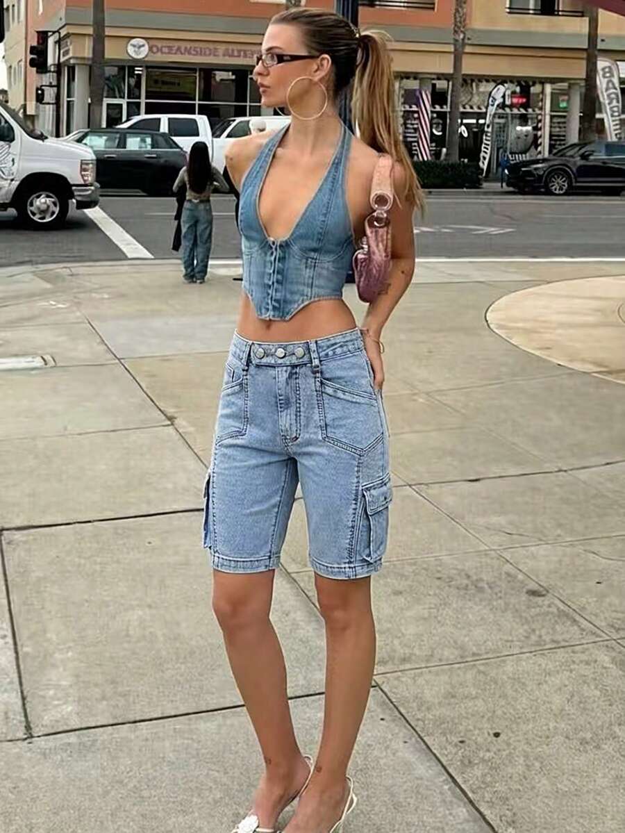 Frühling/Sommer vielseitiges modisches lässiges sexy Party Urlaub College Alltag Reise Flughafen Outfit Denim Damen Stretch Slim Fit Denim Shorts - Blau - Übersicht 1