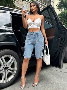 Frühling/Sommer vielseitiges modisches lässiges sexy Party Urlaub College Alltag Reise Flughafen Outfit Denim Damen Stretch Slim Fit Denim Shorts - Blau - Übersicht 4
