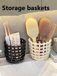 1pc Woven Pattern Desktop Storage Box Hollow Portable Resin Storage Cylinder Comb Holder Makeup Organizer Handwoven Storage Basket Storage Bin Plastic Storage Box Hollow Ventilated Dust-Free Stationery/Jewelry Organizer Box Bathroom Toiletries Storage Box Can Store Used Towels, Toothbrushes, Cosmetics, Toothpaste, Bathroom Accessories - A - View 3