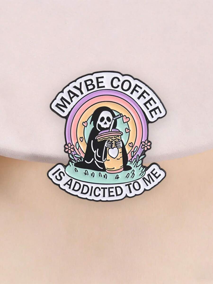 Maybe Coffee Is Addicted To Me Enamel Pin Skeleton Reaper Rainbow Coffee Cup Lapel Brooch Coffee Lover Backpack Decor Gift