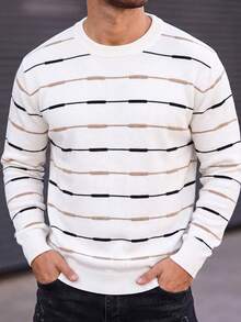 Men's Mercerized Knit Striped Slim Fit Regular Shoulder Width Crew Neck Long Sleeve Sweater - White - View 2