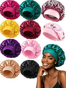 CONFLASS 10pcs Assorted Satin Wide Brim Sleep Cap/Hair Cover For Women, Suitable For Daily Use, Random Colors - Multicolor - View 22