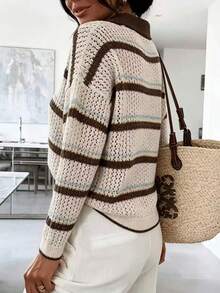 Women's Bohemian Style Striped Hollow Knit Pullover Sweater, Long Sleeve, V-Neck, Lapel, Suitable For Autumn/Winter - Khaki - View 2