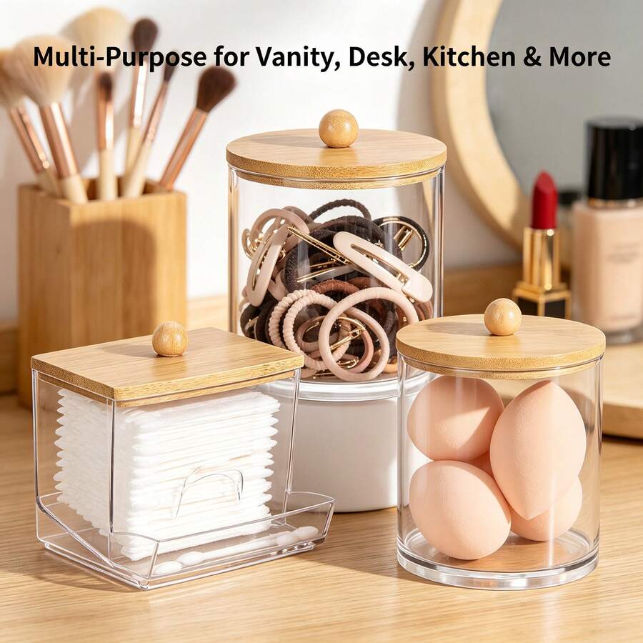 Tbestmax 10 Oz Cotton Swab/Ball/Pad Holder With Vanity Tray, Qtip Apothecary Jar, Bathroom Containers Dispenser Storage 3 Pack Wood Lids - 3pcs(竹蓋棉籤罐) - 查看 1