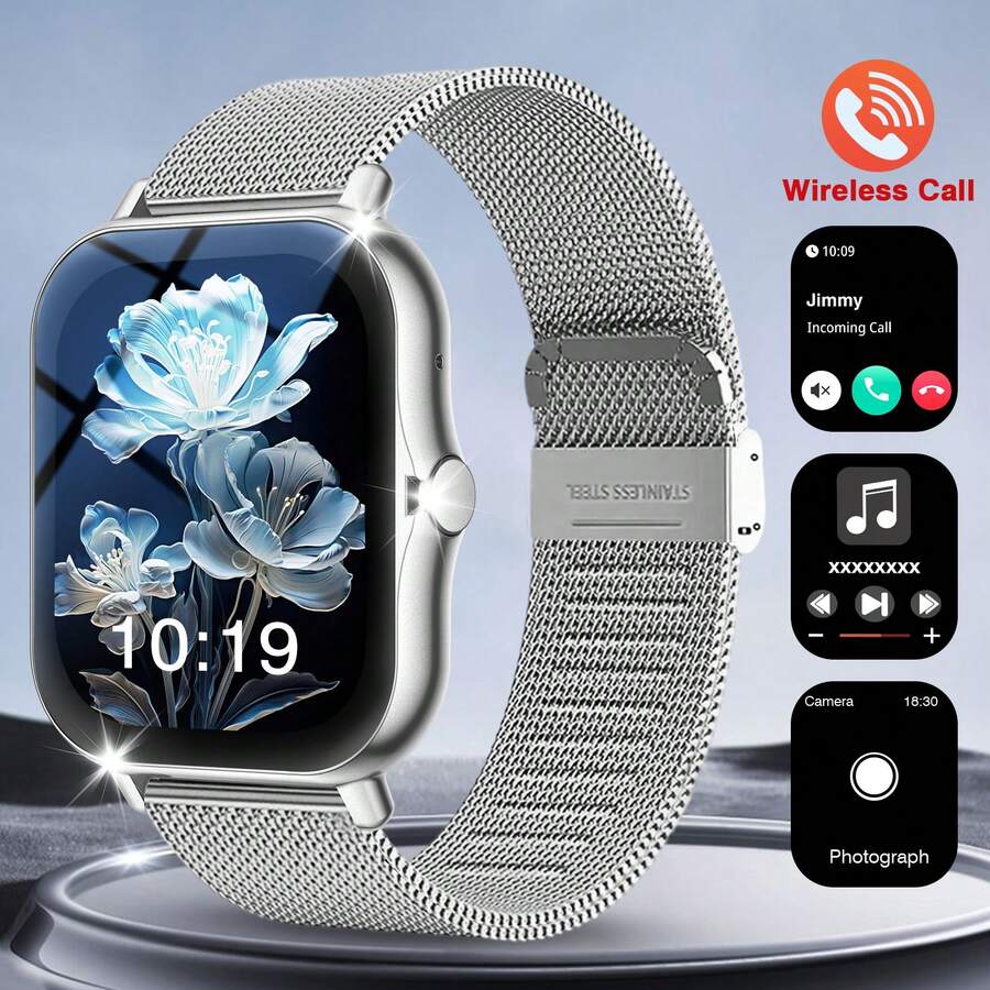 Reloj inteligente con pantalla táctil completa HD de 1.83 pulgadas, unisex, correa de acero, podómetro, calculadora de calorías, múltiples modos deportivos, notificaciones de mensajes y llamadas, reloj inteligente multifunción, reloj inteligente de estilo deportivo, compatible con Android/iOS - Multicolor - Ver 1