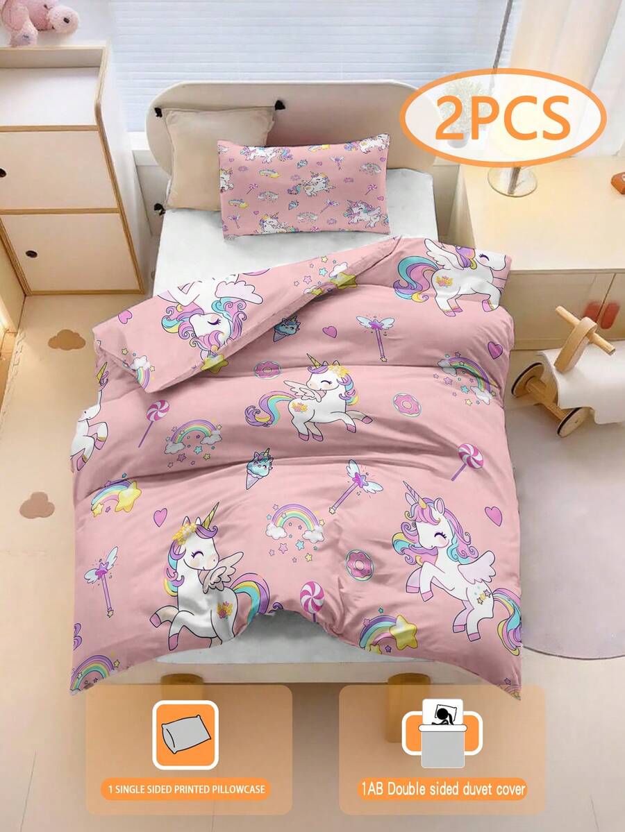 2pcs/Set Sprei Anak-Anak Motif Kartun Unicorn Bersayap Lucu, 100% Poliester, Dicetak 3D, Motif Kartun Anime, Unisex untuk Anak Laki-laki dan Perempuan, Cocok Sebagai Hadiah, untuk Kamar Tidur Anak dan Asrama Siswa - MultiWarna - View 1