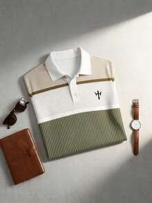 Camisa polo casual de manga corta con bloques de color para hombres, para ir al trabajo - Multicolor - Ver 5