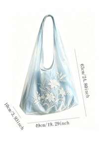 2026 New Light Blue Mesh Embroidery Tote Bag For Women, Lily Embroidered Large Capacity Shoulder Bag, Versatile Commuter Bag - Baby Blue - View 6