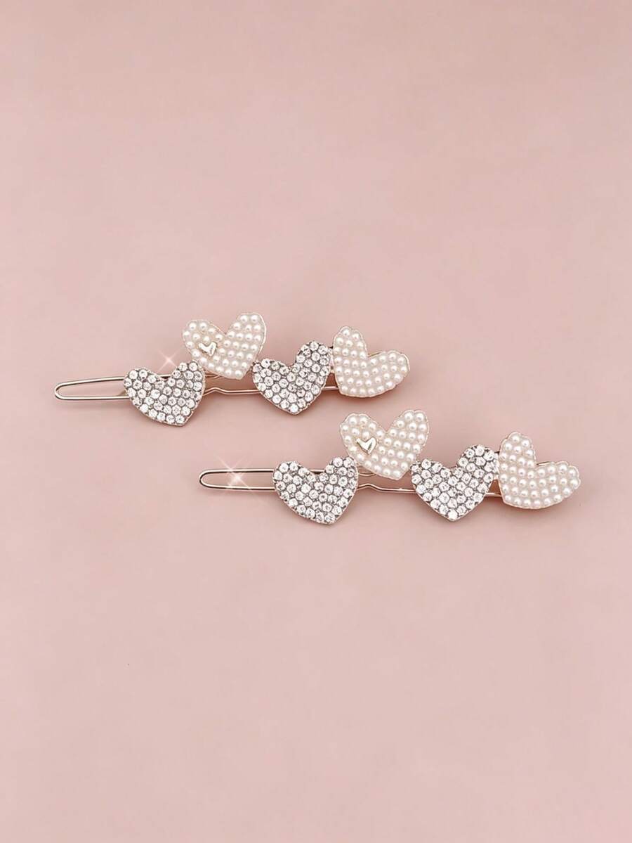 1pc 4-Heart Faux Pearl Rhinestone Alloy Side Hair Clip, Non-Slip Exquisite Luxury Sweet Barrette, Suitable For Daily, Easter, Christmas, Mother's Day, Birthday, Graduation Prom, Spring, Summer, Autumn - Multicolor - View 1