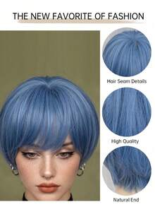 Fog Blue Layered Short Bob Wig, Natural Fluffy Straight Hair Matte Synthetic Fiber Wig With Bangs, Harajuku Egirl Style Wig, Suitable For Daily Wear And Anime Cosplay - Multicolor - View 5