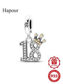 1pc 925 Sterling Silver Number 16.18 Pendant With Sparkling Zirconia Stones, Crown Design, Classic Birthday Adult Gift, Suitable For Original Brand Bracelet Necklace DIY Matching, Suitable For Daily Wear, Party, Banquet - Silver - View 10