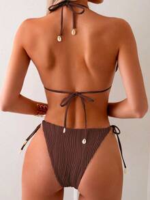 Women's Solid Color Special Wave Texture Fabric Triangle Back Bikini 2 Pieces Set Summer - Coffee Brown - View 2