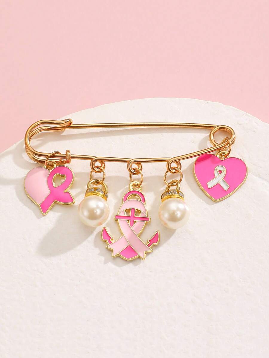 1pc Breast Cancer Awareness Pink Butterfly Heart Ribbon Pendant Brooch, White Pearl Pin Brooch, Clothing Denim Accessory - Multicolor - View 1