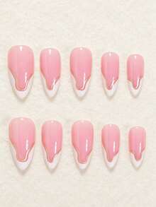 24pcs Almond Shape Classic Elegant Gold Line White Edge French Pink Glossy Bright White-Looking Fake Nails, Fashionable Versatile Press-On Nails Suitable For Dates, Parties, Spring/Summer, Women And Girls, Autumn/Winter Daily Wear, Removable Press-On Nail Set With Jelly Glue And Nail File, Easy To Wear And Durable, Jelly Glue Randomly Shipped - Multicolor - View 4