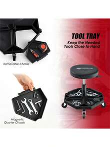 Black Heavy-Duty Adjustable Height Rolling Stool With Tool Tray Storage 330 LBS Capacity - as Pic - View 9