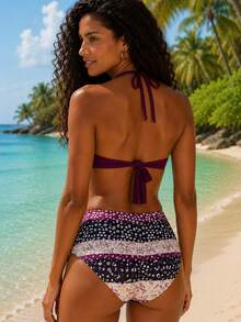 Women's Fringe Bikini Set – High Waist Two Pieces Swimwear With Tassel Top For Beach & Pool - Purple - View 2