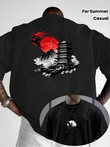 [Comfortable|Loose] Comfortable Loose Japanese Style T-Shirt | Red Sun Landscape Tower Pattern | Traditional Architecture Cherry Blossom Mountain View - 白色 - 查看 6