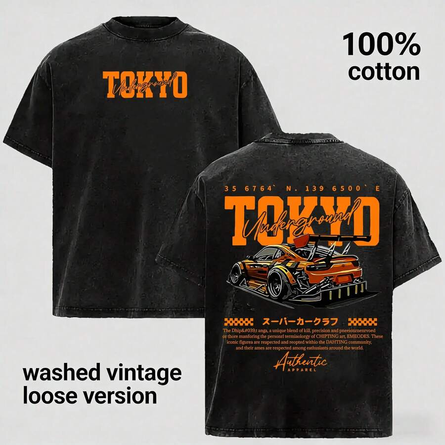 Camiseta de Manga Corta para Hombre de Algodón Puro con Estampado de Coche, Camiseta Casual de Moda para Uso Diario, Tejido Cómodo y Transpirable, Perfecta para Todas las Temporadas - Negro - Ver 1