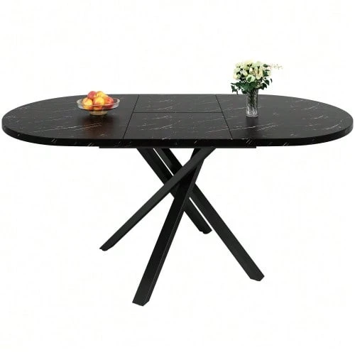 Extendable Round Table With A Marble Effect - 100 Cm (Extends To 140 Cm) X 75.5 Cm High - Sturdy X-Shaped Metal Base, Black - Ideal As A Kitchen Or Breakfast Table - 黑色 - 查看 1