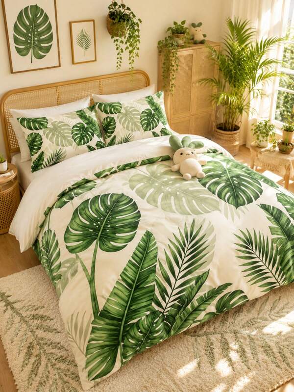2/3pcs Green Leaf Print Duvet Cover Bedding Set, Skin-Friendly & Breathable, Suitable For All Seasons, Fits Single, Double, Queen, King, Extra Large Beds, Dorm/Minimalist Home Textiles, Back To School Essential, Machine Washable. 1 Duvet Cover + 1/2 Pillowcases (Duvet Insert Not Included)