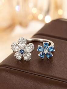 1pc Silver Fashion Luxury Shiny Cubic Zirconia Double Flower Adjustable Open Ring, Women's Daily Commute Date Vacation Jewelry Gift - Silver - View 11