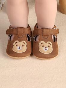 1 Pair Baby Boys Solid Color Cartoon Flat Hook & Loop Round Toe Casual Cute Sports Shoes, Suitable For Indoor & Outdoor, Spring & Autumn - Brown - View 5