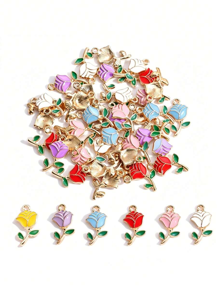10/20/100PCS Multi-Color Oil-Drip Rose Alloy Jewelry Accessories DIY Necklace Bracelet Earring Pendant Keychain Bag Charm - Rose - View 1