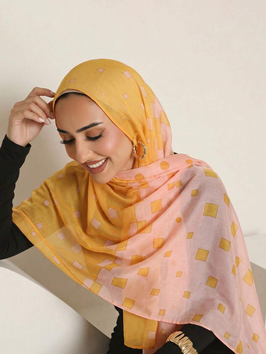1 pezzo Foulard da donna con stampa geometrica digitale a blocchi di colore giallo, leggero, protezione solare, versatile e alla moda, adatto per l'uso quotidiano in estate - Multicolore - Visualizzare 1