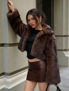 Women's Fuzzy Brown Faux Fur Oversized Collar Long Sleeve Coat, Suitable For Autumn/Winter Wear - Coffee Brown - View 5
