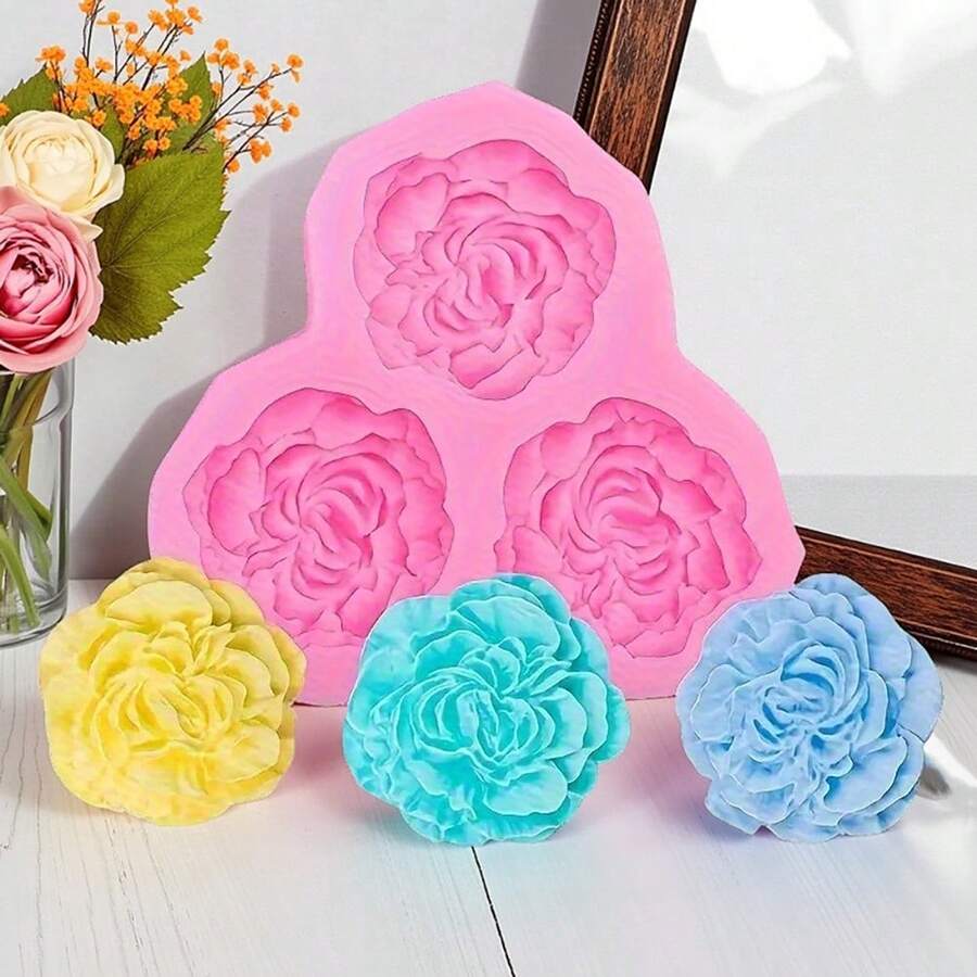 1pc 3-Hole Peony Shaped Silicone Mold, Used For Shooting Decorative Props, Handmade Crafts, Gypsum, Holiday Candle Decorations, With Simple Demolding And Reusable Silicone Molds. - Pink - View 1