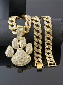 Men's Rhinestone Dog Paw Print Pendant Necklace, Full Rhinestone Cuban Chain Hip Hop Shiny Streetwear Jewelry, Gold & Silver - Dog Paw Pendant Necklace - View 17