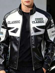 Nueva chaqueta de cuero para motocicleta para hombres, chaqueta de cuero para hombres, chaqueta de carreras de color contrastante para hombres, chaqueta deportiva de ajuste holgado de marca - Negro - Ver 2