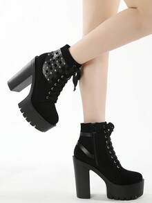 Gdgydh Women Ankle Boots Platform Lace Up Punk Heeled Motorcycle Boots Sexy Fashion Rivets Black Ankle Boots For Woman Spring Autumn Cosplay Shoes - Black - View 4