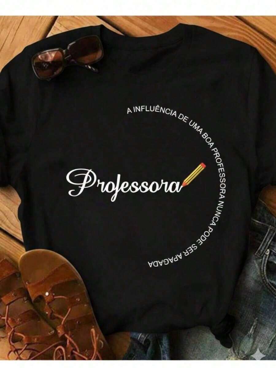 Camiseta de Cotton Polyester Polyester con estampado La influencia de un buen maestro nunca se puede borrar Educación escolar Minimalista Manga corta y cuello redondo Corte - Negro - Ver 1