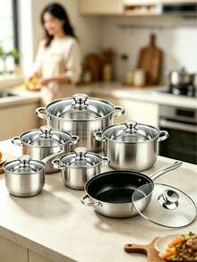 12pcs/6pcs Stainless Steel Kitchen Cookware Set, Non-Stick Frying Pan & Glass Lidded Stock Pots,Durable And Easy To Clean, Induction Compatible Kitchen Cooking Pot Set For Gas Electric Hobs, Home Kitchen Cookware Collection - View 11