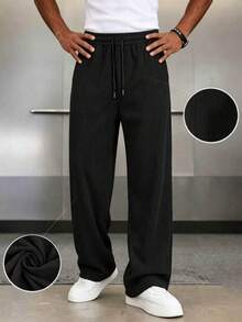 Men's Wear; 1 Pair Men's Loose Fashion Sports Long Pants, Minimalist Solid Color Wide Leg Casual Fit, Drawstring Waist Design, Large Pockets, Suitable For Daily Walking, Work, Travel And Other Occasions. A Perfect Father's Day Gift For Dad - Black - View 2