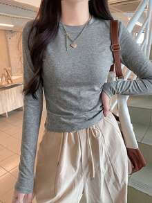 Women's Medium Gray Linen-Like Round Neck Slim Fit Long Sleeve T-Shirt, Minimalist Flattering Versatile Elastic Base Layer Top - Dark Grey - View 4