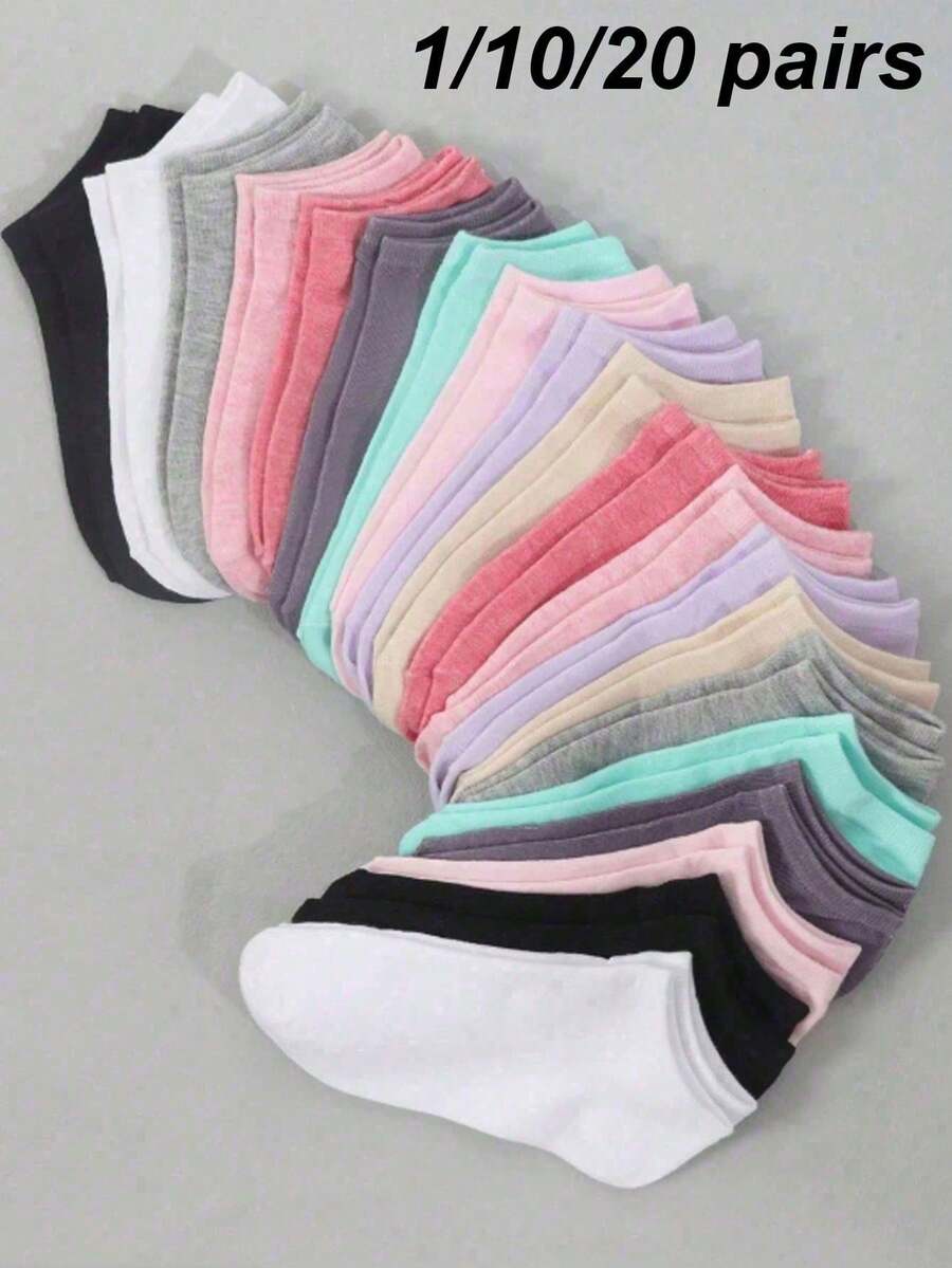 1/10/20 Pairs Women's Candy Color Solid Socks, Sports Socks, Short Socks, Invisible Socks, Solid Color Minimalist Fashion, Suitable For Daily Casual Wear - Multicolor - View 1