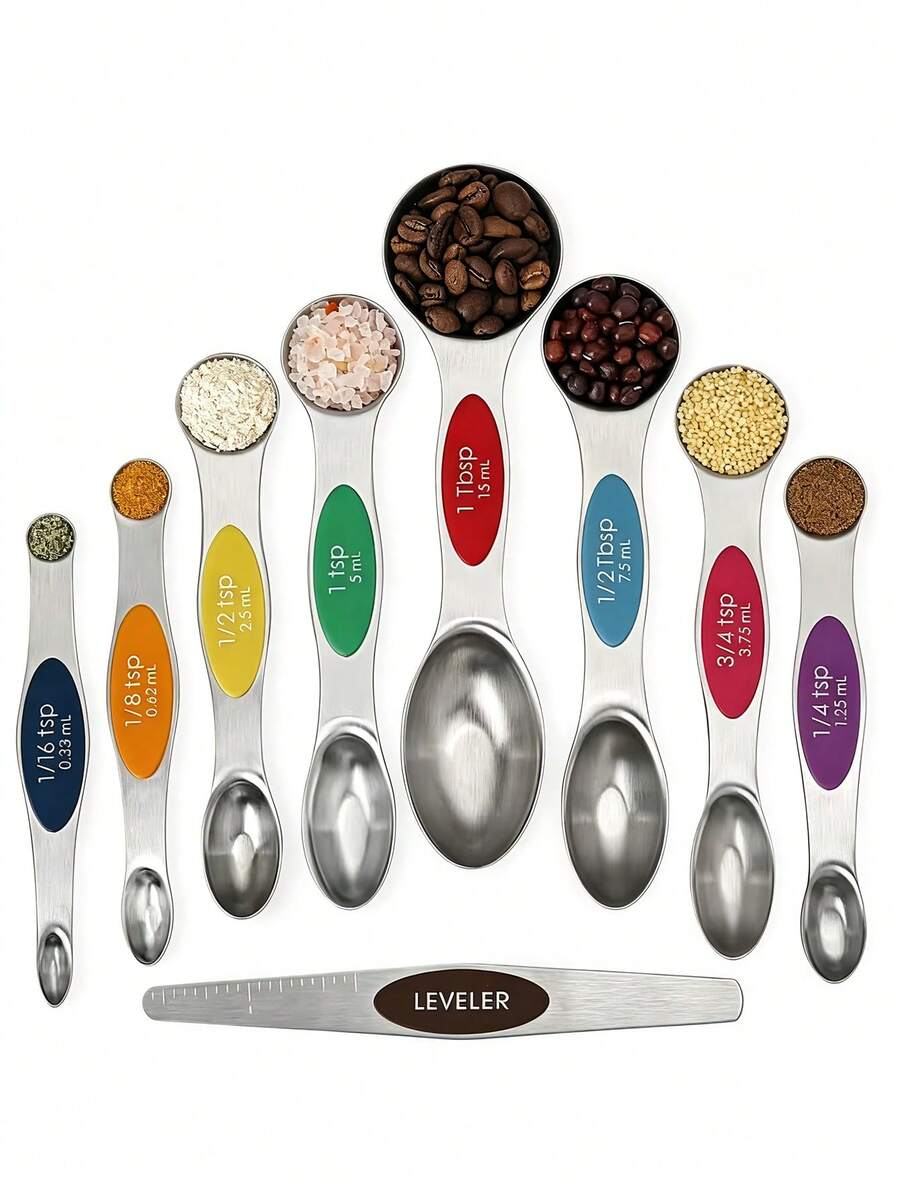 9pcs Measuring Spoon Set, Modern Stainless Steel, Household Kitchenware Measuring Spoon, Home Essentials Kitchen Gadgets Double-Ended Coffee & Baking Tool, Accurate Scale Measuring Utensils, Home Kitchen Cooking Gadgets