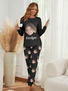 Women's Customized Pajama Set, Can Print Any Pattern, Personalized Pajamas With Photo, Fun Customized Image Comfortable Pajamas. Suitable For Valentine's Day, Birthday, Gift-Giving And Other Occasions, Personalized, Colorful, Cute And Playful, Humorous And Witty, Unique Customization, Exclusive, Ideal Girlfriend Gift, Suitable For Girlfriend, Family, Friends, Elders, Autumn Fashion, Holiday Party - Black - View 3