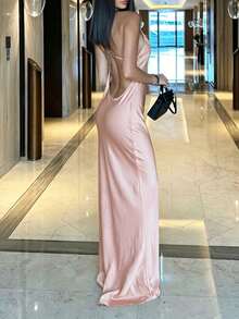 DOUCIU Vestido Maxi de Estilo Francés unicolor Espalda Descubierta Sexy Cuello Halter, Adecuado para Vacaciones en la Playa - Rosa - Ver 2
