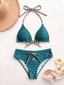 Women's Striped Print Halter Bikini Set, Fashionable Two Pieces Summer Beach Vacation Swimsuit, Suitable For Vacation, Pool Parties, And Daily Holidays - Multicolor - View 3