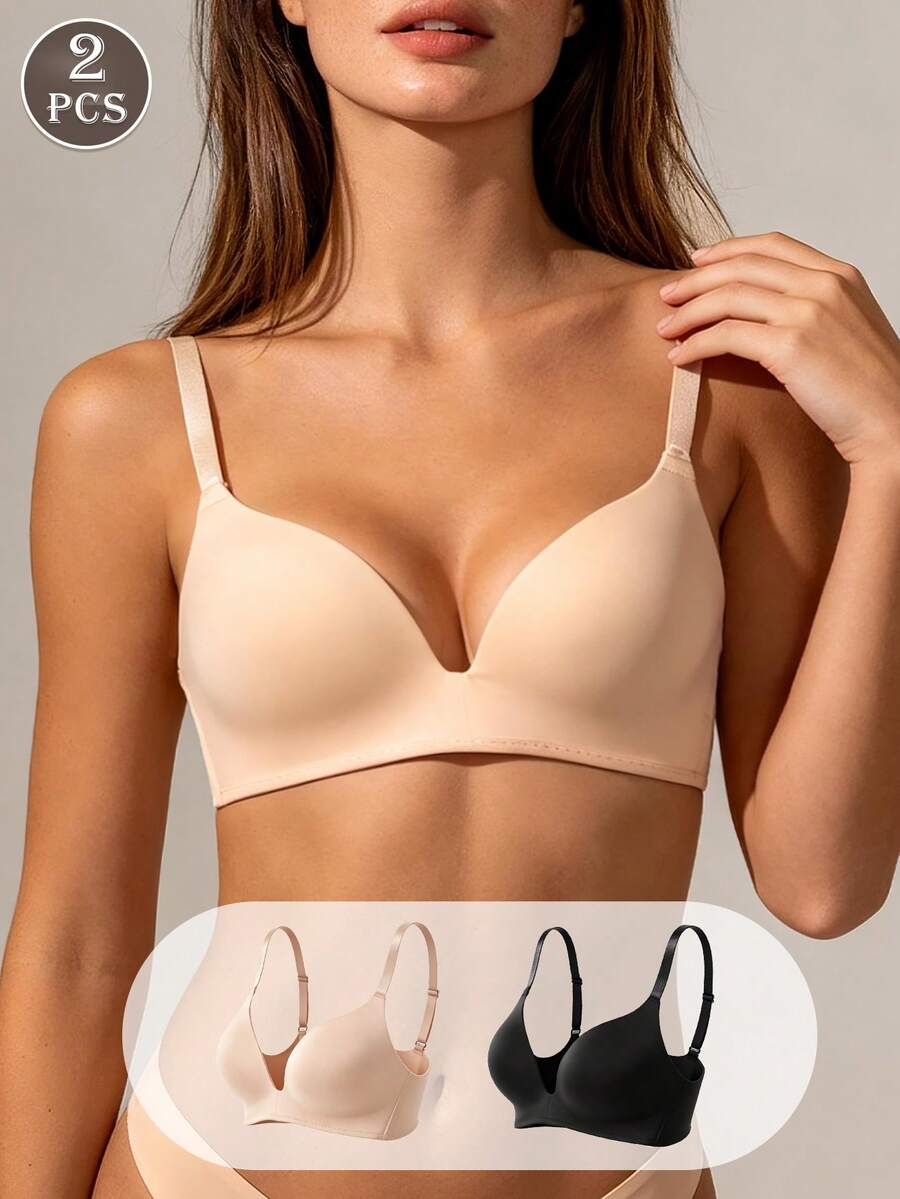 [Suitable For Small Bust] 2pcs/Set Daily Comfortable Wireless Seamless Support T-Shirt Bra - Multicolor - View 1