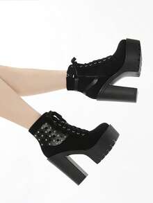 Gdgydh Women Ankle Boots Platform Lace Up Punk Heeled Motorcycle Boots Sexy Fashion Rivets Black Ankle Boots For Woman Spring Autumn Cosplay Shoes - Black - View 2