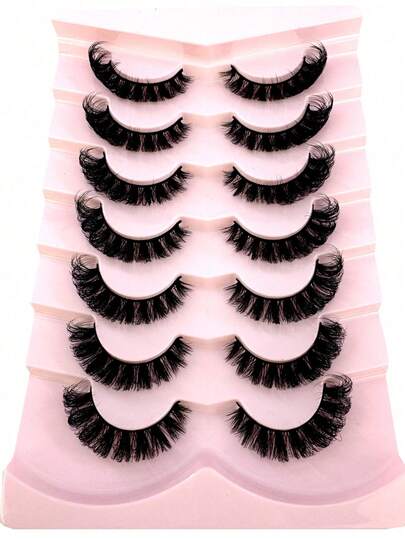 New 7 Pairs Russian Thick Classic Cat Eye Faux Mink False Eyelashes, Natural DD Curl Fluffy, Cross Long Thickened, Create Natural Makeup Look, Strip False Eyelashes