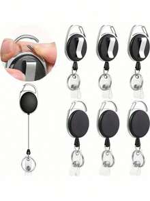 High-Quality Oval Egg-Shaped Retractable Keychain ID Holder, 360° Rotating Design, Equipped With Carabiner, Built-In Nylon Rope, Key Ring, Snap Button And Lanyard, Can Store ID Cards, Tickets And Cash, Practical Everyday Commute Storage Accessory - Black - View 1