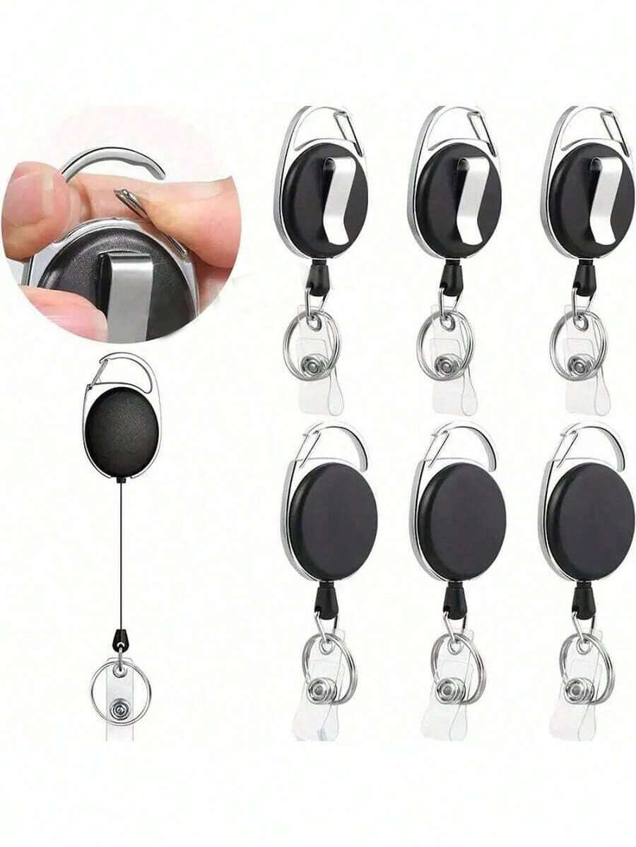 High-Quality Oval Egg-Shaped Retractable Keychain ID Holder, 360° Rotating Design, Equipped With Carabiner, Built-In Nylon Rope, Key Ring, Snap Button And Lanyard, Can Store ID Cards, Tickets And Cash, Practical Everyday Commute Storage Accessory - Black - View 1