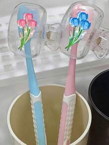 Tulip Flower Shaped Toothbrush Holder - Cute Design, Suitable For Home And Travel Storage; Equipped With Transparent Cover, Compact And Portable, Easy To Carry; Protects Toothbrush Bristles, Features Dual Drainage And Ventilation Functions; Suitable For Home, Dormitory And Travel Scenarios | Cute Toothbrush Head Storage Rack, Suitable For Bathroom Storage, Home And Dormitory - Multicolor - View 3