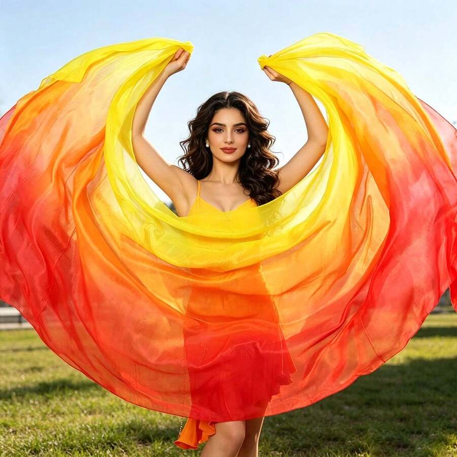 1pc Gradient Rainbow Multicolor Faux Silk Belly Dance Hand Veil, Soft Flowy Gradient Color Dance Scarf, Lightweight Dance Accessory For Women, Perfect For Belly Dance Practice, Stage Performance, Party Show, Carnival, Festival Costume Decoration - Multicolor - View 1
